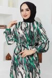 Açelya Yeşil Desenli Elbise - 7186