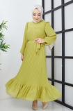 Boydan Piliseli Şifon Elbise 0033 - Yağ Yeşili