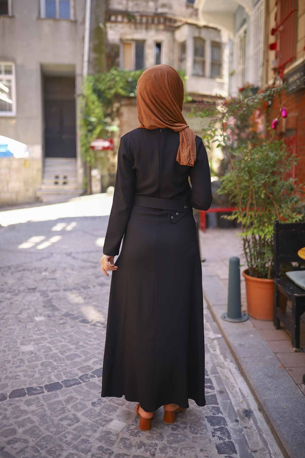 Nervürlü Kemerli Elbise - Siyah