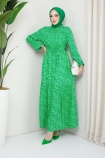Çiçekli Viskon Kumaş Elbise - Yeşil