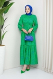 Yaprak Motif Viskon Elbise 1008 - Yeşil