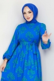 Papatya Desenli Viskon Elbise 1007 - Mavi