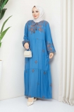 Yakası Bağlamalı Viskon Elbise 0405 - Mavi