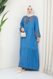 Yakası Bağlamalı Viskon Elbise 0405 - Mavi