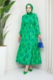 Papatya Desenli Viskon Elbise 1007 - Yeşil