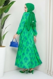 Papatya Desenli Viskon Elbise 1007 - Yeşil