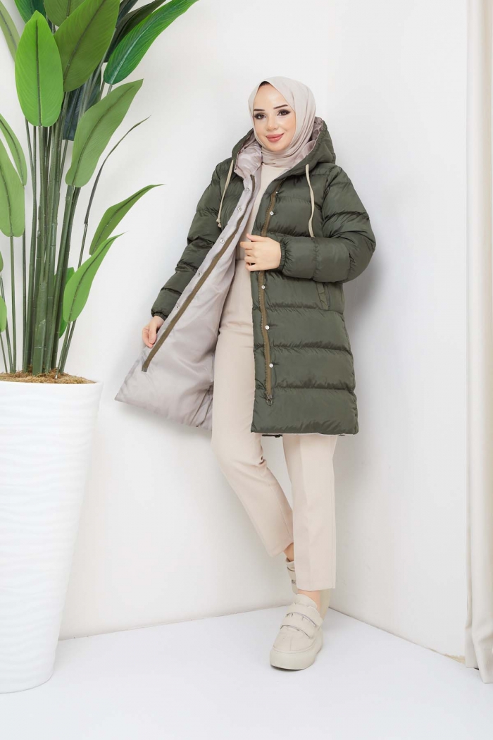 Astarı Renkli Şişme Mont 8521 - Haki