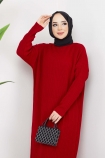 Dikey Çizgi Detaylı Elbise 1251 - Kırmızı