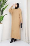 Dikey Çizgi Detaylı Elbise 1251 - Camel