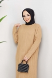 Dikey Çizgi Detaylı Elbise 1251 - Camel
