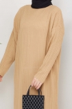 Dikey Çizgi Detaylı Elbise 1251 - Camel