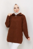 Yarım Fermuarlı Örgü Desen Kazak 3456 - Kahve