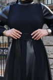 Parçalı Deri Elbise 1142 - Siyah