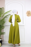 Yakası İncili Tesettür Elbise 1129 - Yağ Yeşili