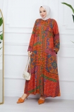 Kilim Desen Viskon Elbise 0582 - Turuncu