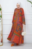Kilim Desen Viskon Elbise 0582 - Turuncu