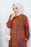 Kilim Desen Viskon Elbise 0582 - Turuncu