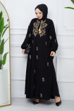 Eteği Kolları Nakışlı Viskon Elbise 110 - Siyaha Krem