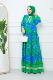 Büyük Çiçek Desenli Viskon Elbise 4721 - Yeşil