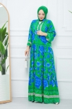Büyük Çiçek Desenli Viskon Elbise 4721 - Yeşil