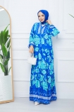 Büyük Çiçek Desenli Viskon Elbise 4721 - Mavi
