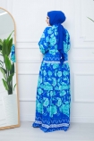 Büyük Çiçek Desenli Viskon Elbise 4721 - Mavi