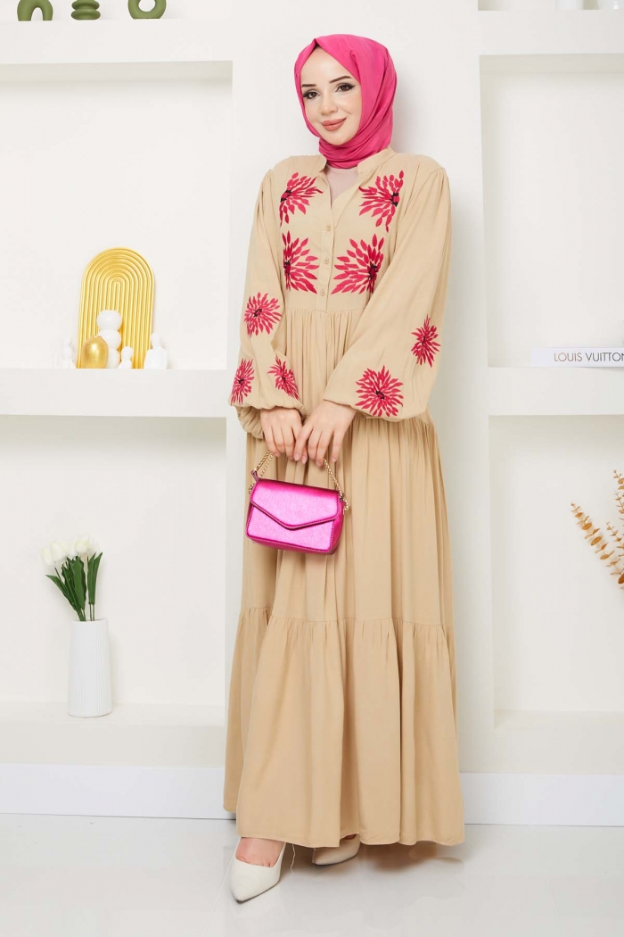 Güneş Viskon Elbise 0797 - Krem