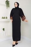 Balon Kol Nakışlı Elbise 6097 - Siyah