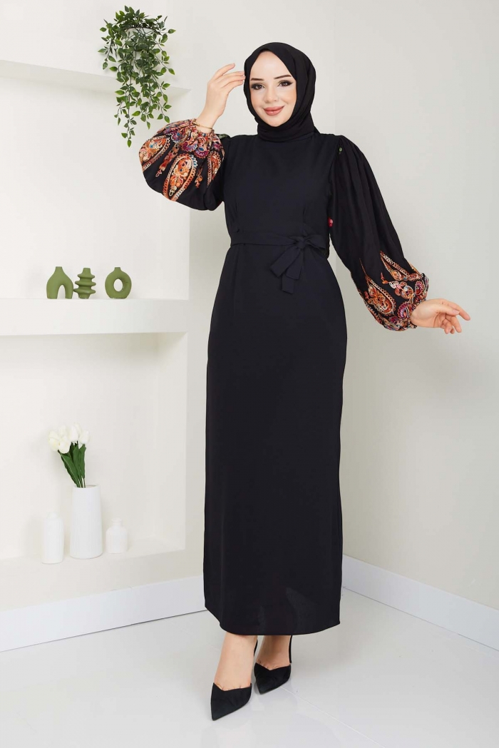 Balon Kol Nakışlı Elbise 6097 - Siyah