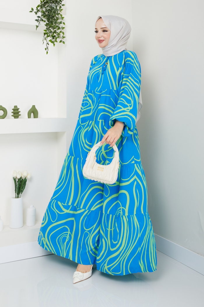 Duygu Viskon Elbise - Maviye Yeşil