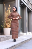 Jakarlı Örme Elbise - Taba