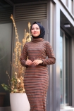 Jakarlı Örme Elbise - Taba