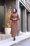 Jakarlı Örme Elbise - Taba