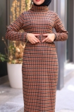 Jakarlı Örme Elbise - Taba