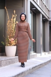 Jakarlı Örme Elbise - Taba