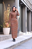 Jakarlı Örme Elbise - Taba