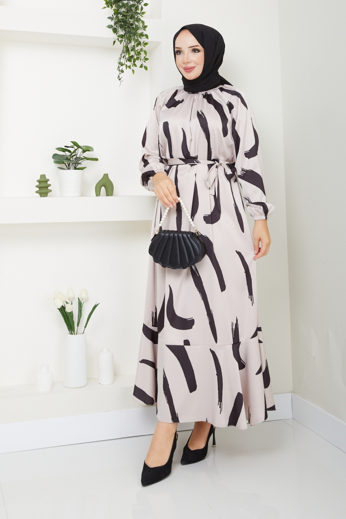 Fırça Desen Elbise - Ekru