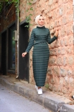 Jakarlı Örme Elbise - Yeşil