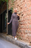Jakarlı Örme Elbise - Gri