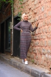 Jakarlı Örme Elbise - Gri