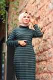 Jakarlı Örme Elbise - Yeşil