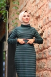 Jakarlı Örme Elbise - Yeşil