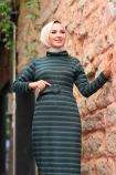 Jakarlı Örme Elbise - Yeşil