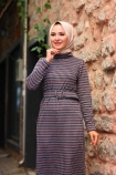 Jakarlı Örme Elbise - Gri