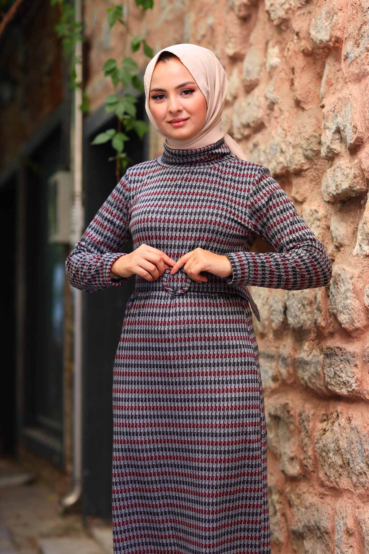 Jakarlı Örme Elbise - Gri