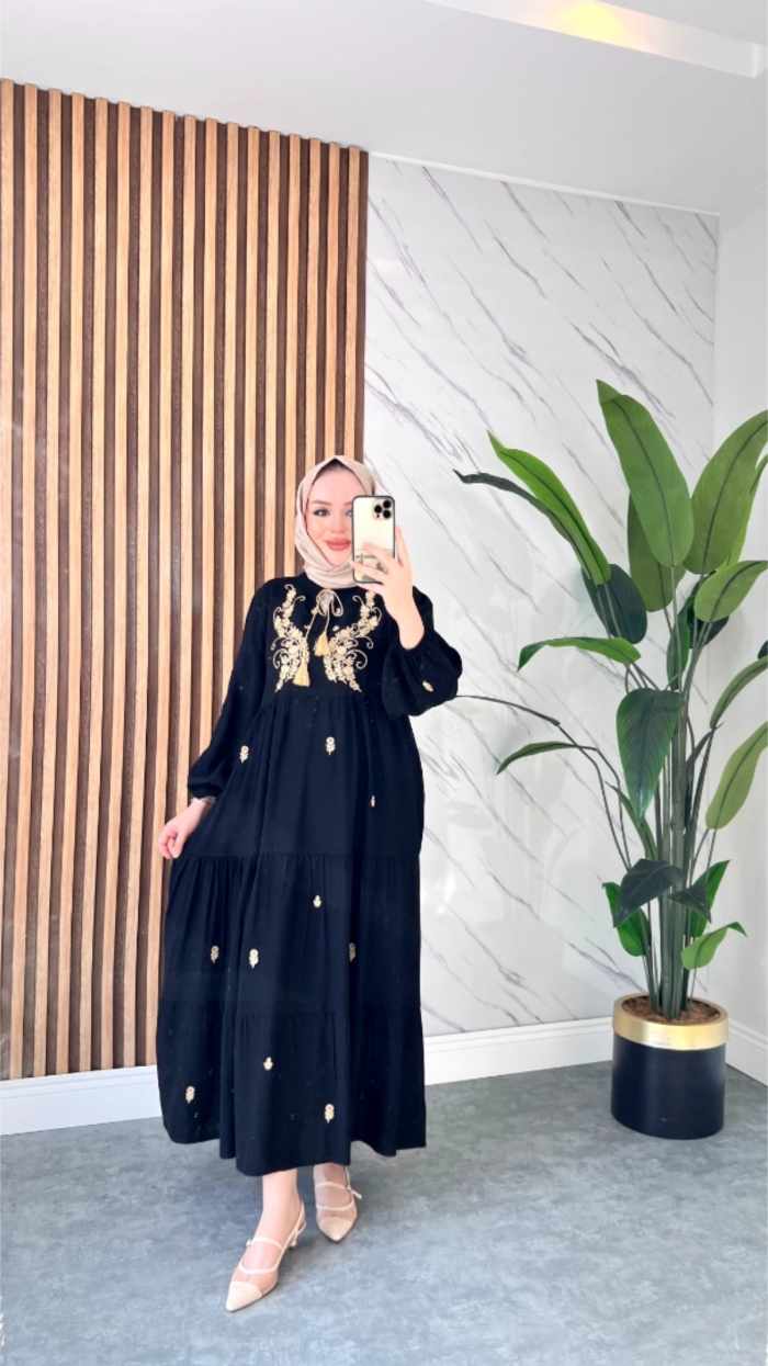 Saray Viskon Elbise - Siyah