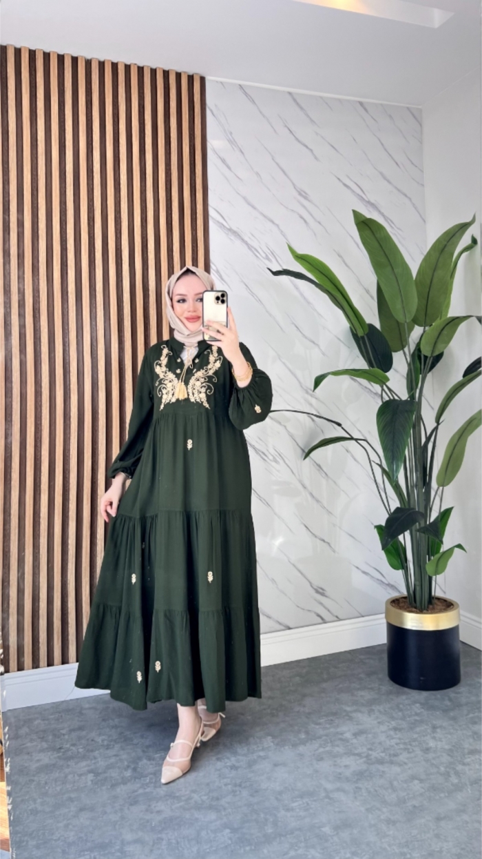 Saray Viskon Elbise - Yeşil