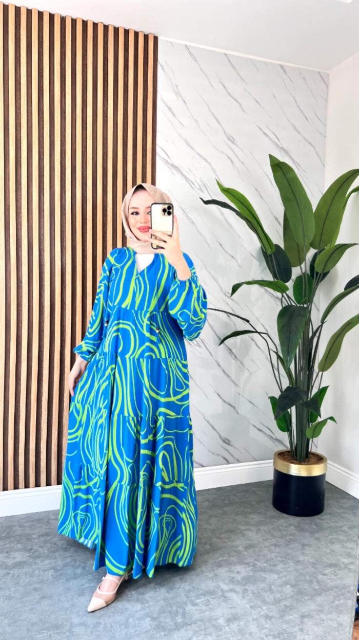 Yeni Duygu Viskon Elbise - Maviye Yeşil