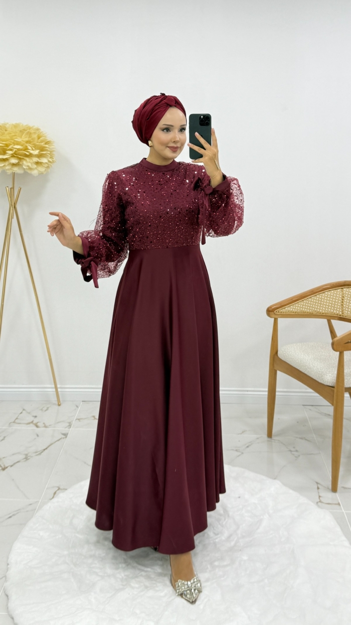 Esra Tesettür Abiye Elbise - Bordo