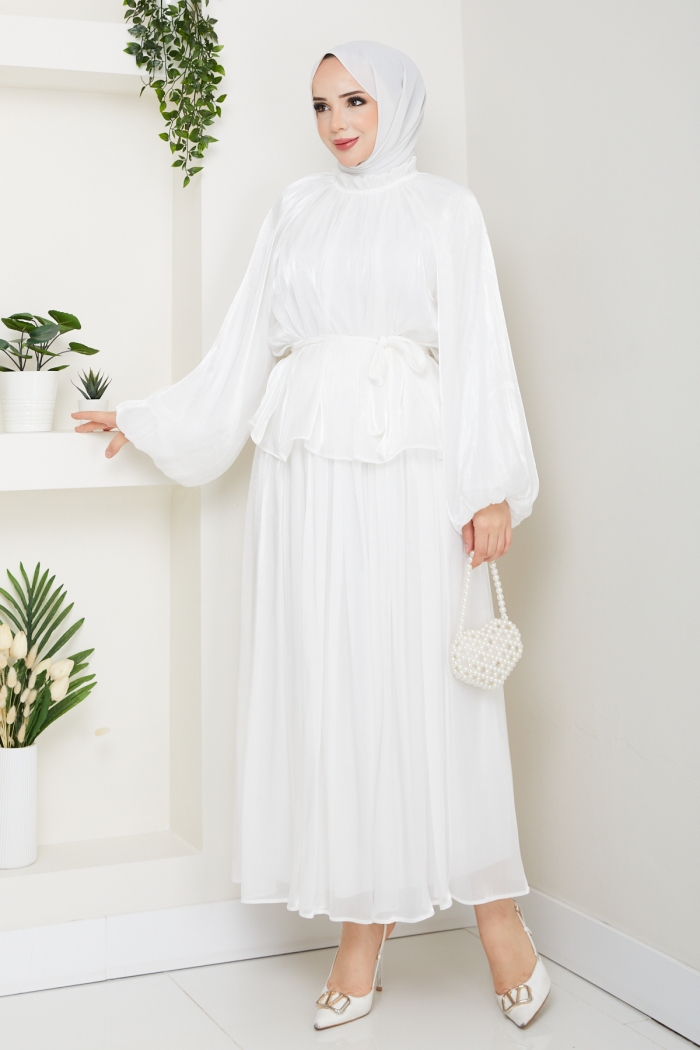 Sinem Tesettür Elbise - Beyaz